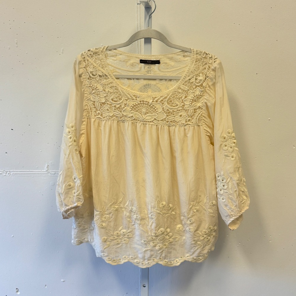 Hazel Cream Cotton Silk Crochet Lace Floral Embroidered Blouse Top Large Boho